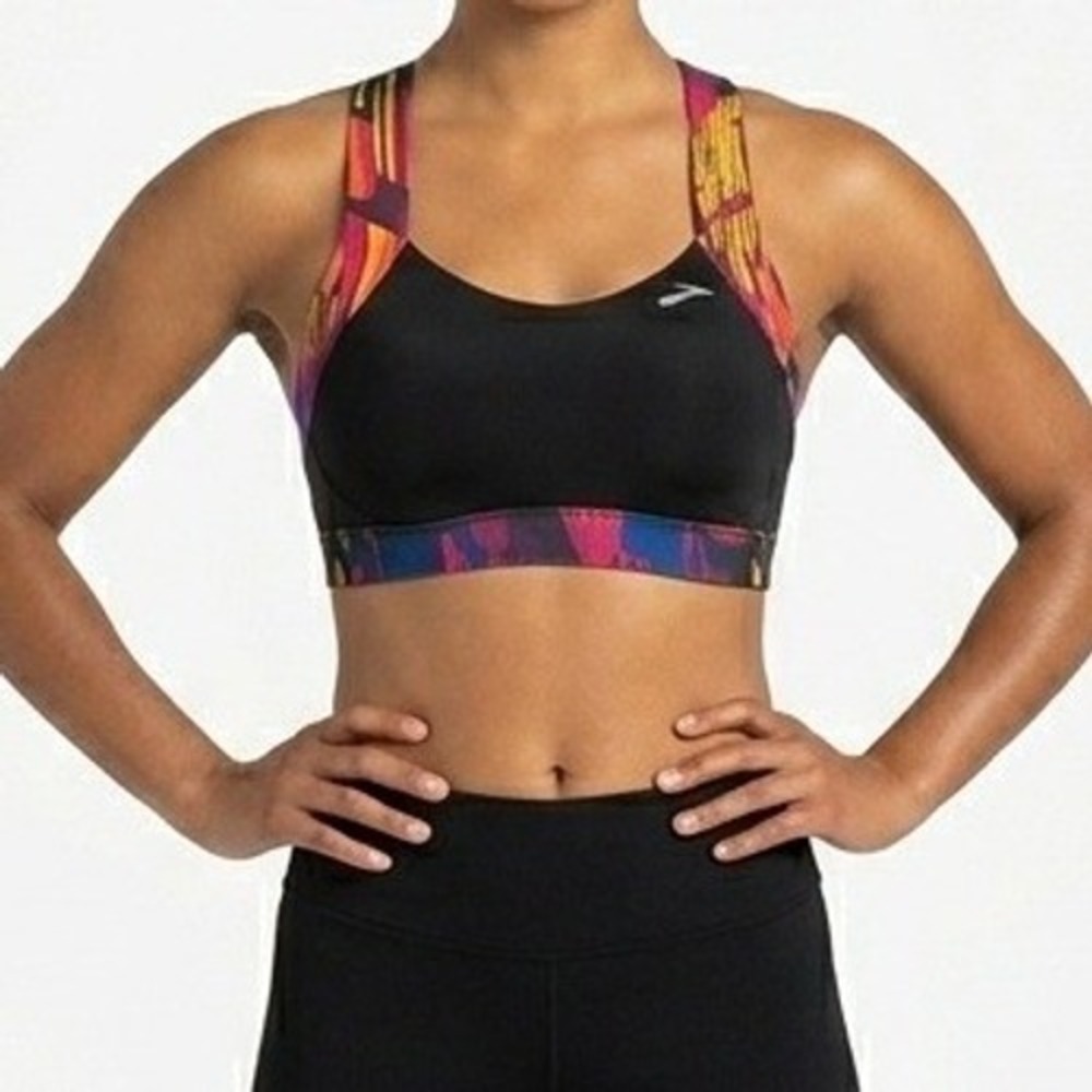 Brooks Sports Bra Black Pink Abstract Crossback High Impact - XL 38CD-40C